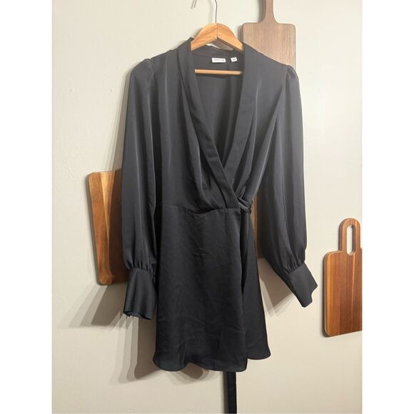 Babaton Black Long Sleeve Hyde Double Satin Wrap Mini Dress Small - Picture 1 of 6